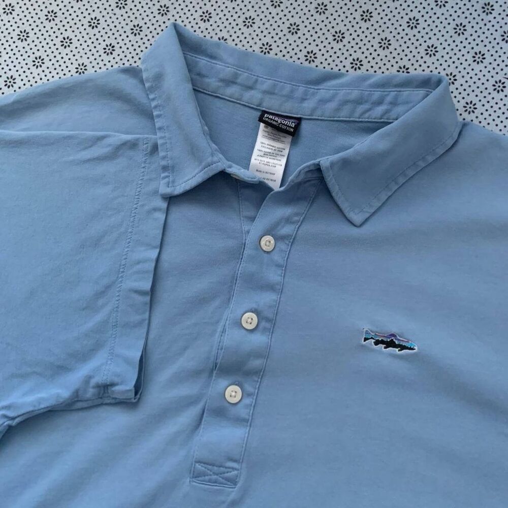 Patagonia Organic Cotton Polo Shirt Mens XL Light Blue Trout Logo